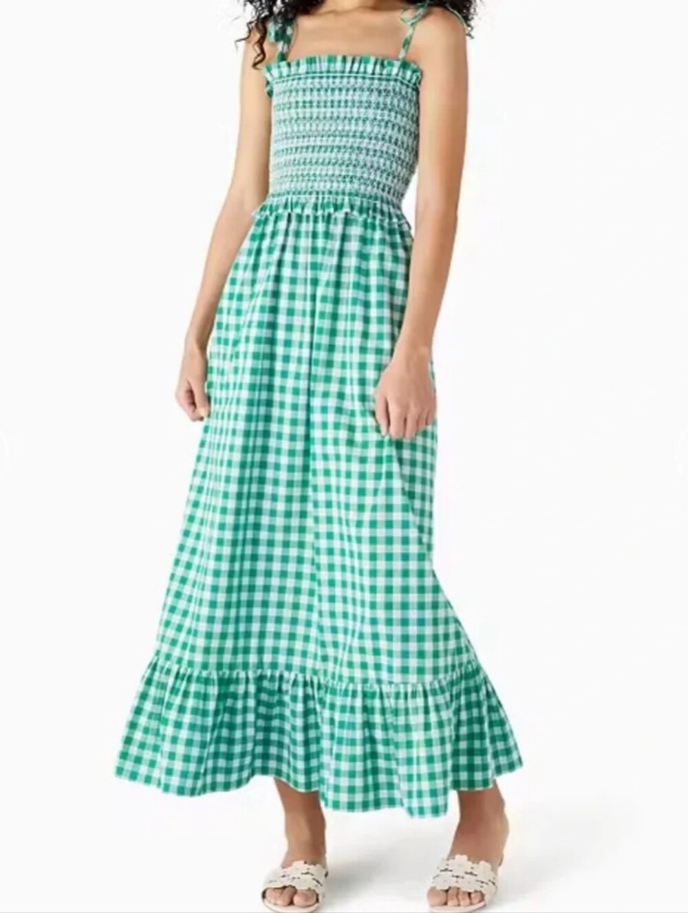 Kate Spade Gingham Smocked Bodice Maxi Dress Green White XSmall